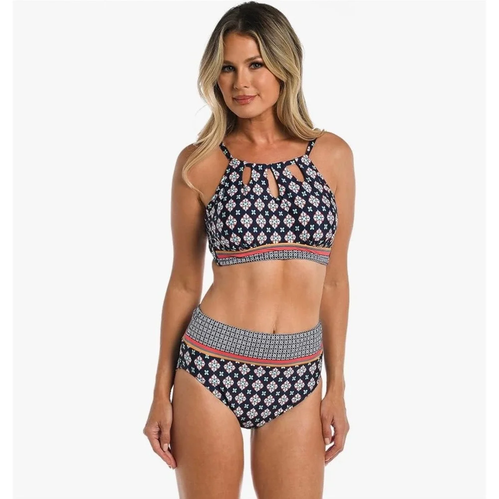 NWT 24th & Ocean Alexandria Tile High Rise Bikini Bottom Navy Tummy Control